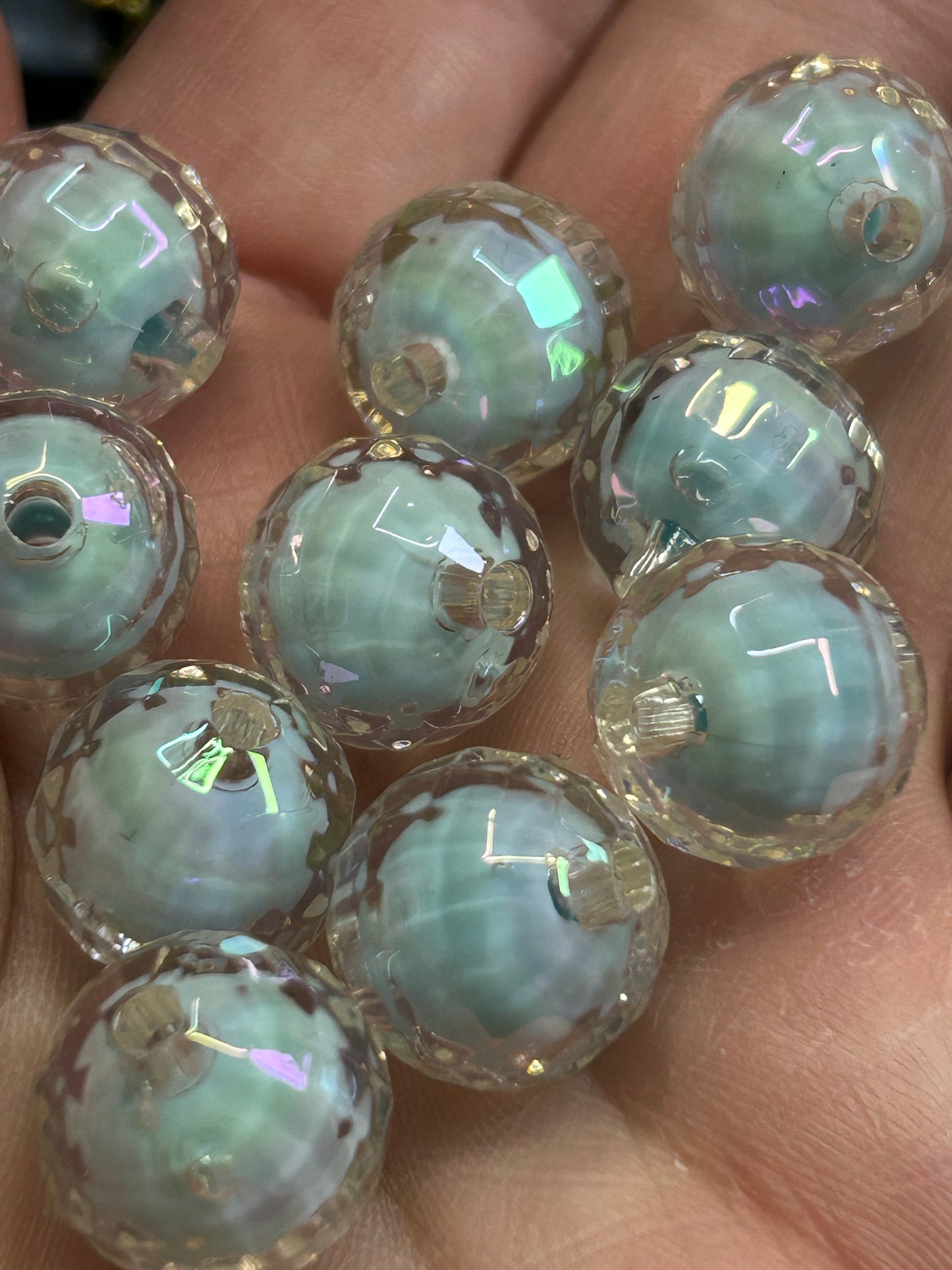 Blue double walled disco style beads 16mm