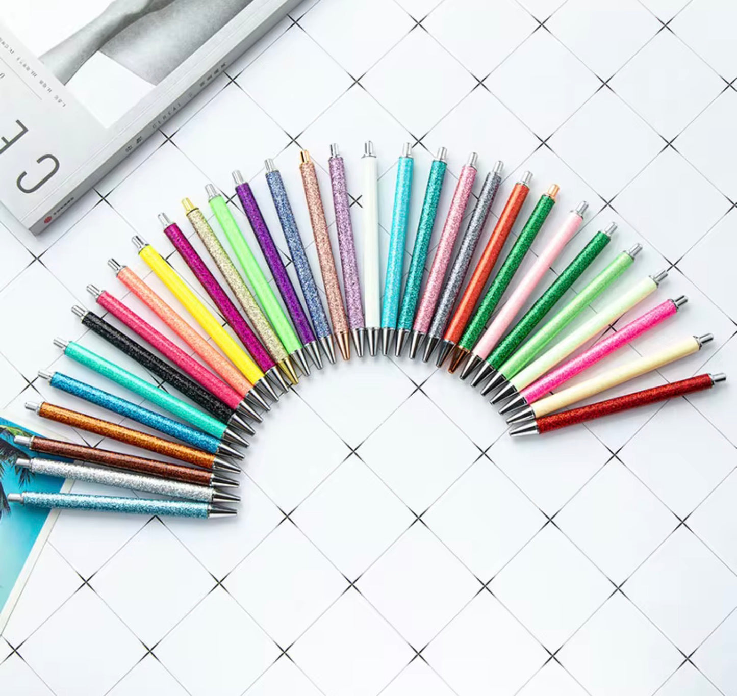 Glitter metal retractable ballpoint pen.